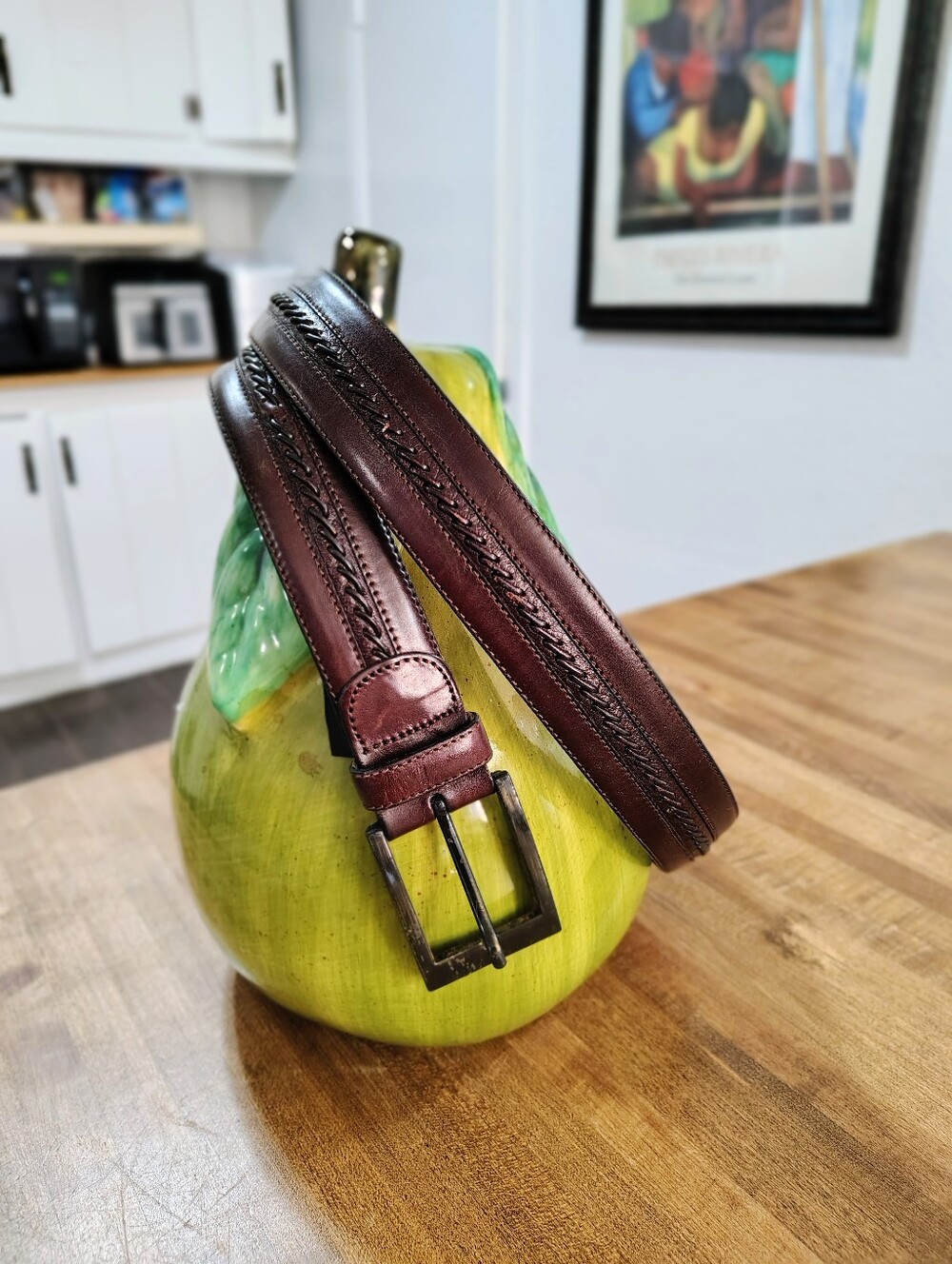 MEZLAN Belt 4929 Brown Leather Woven Inlay Braid Made in Spain Size 42